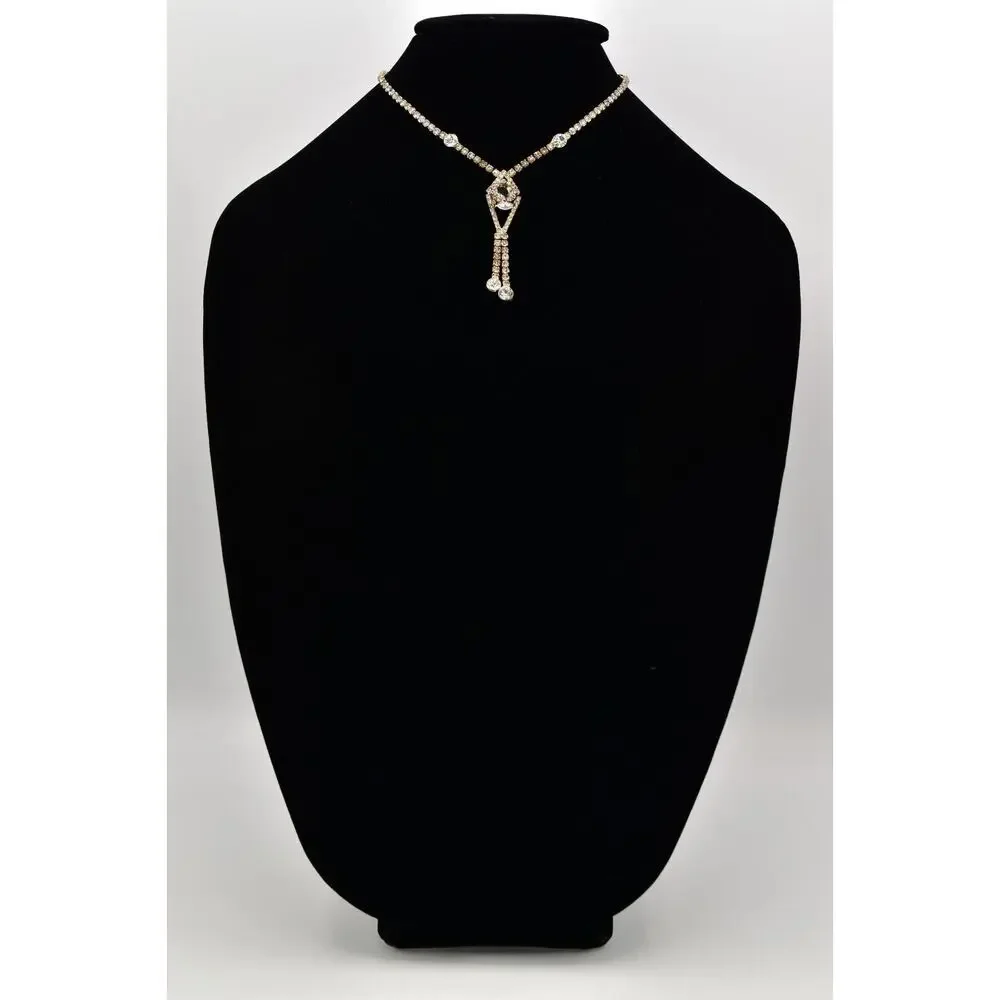 Vintage Crystal Collar Necklace Y Drop Prong Rhinestone Gold Tone Shiny BinBD